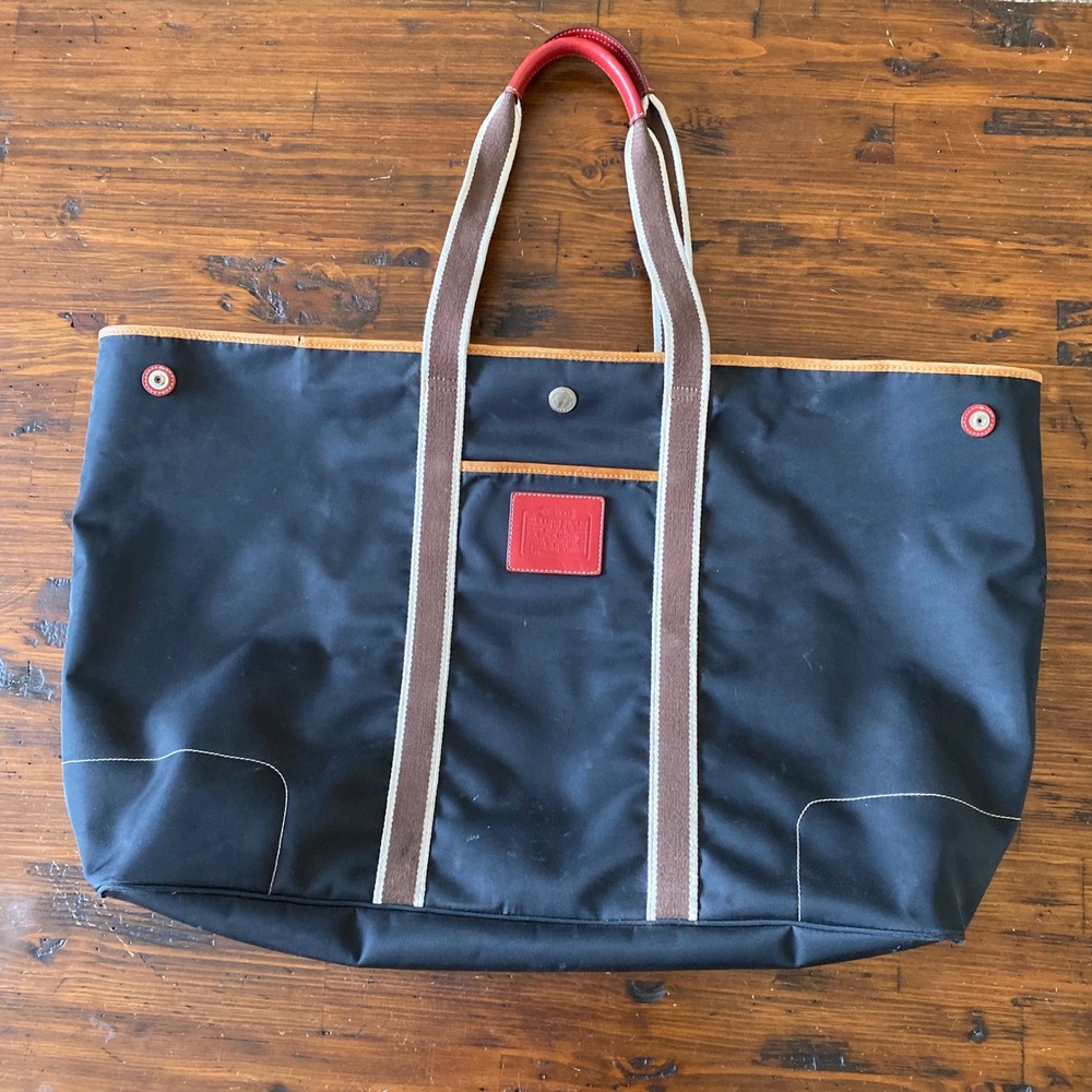 Coach XL Hamptons Weekend Nylon Tote Black Tan Red L2K-5074 Large Travel Bag *